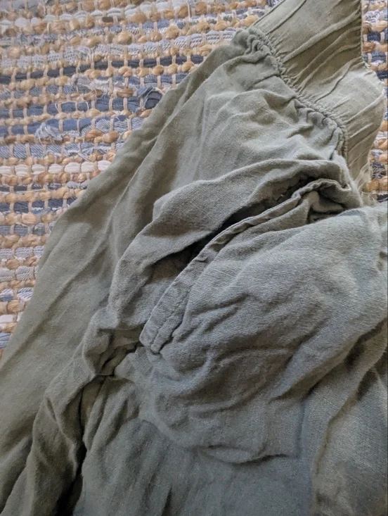 Olive Green Linen Midi Skirt XL Elastic Waist Drawstring Flowy Lightweight Boho - Picture 7 of 8